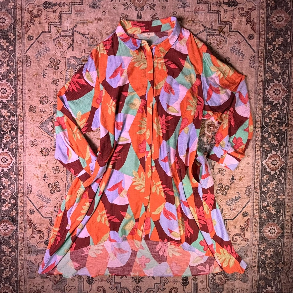 Easel LA Geometric Leaf Print Button Down Shirt Dress 3X Boho Artsy Lagen Look
